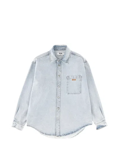 Msgm Embroidered Logo Denim Shirt In Blue