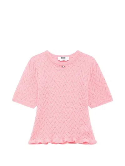 Msgm Chevron-knit Ruffled-trim Sweater In Pink