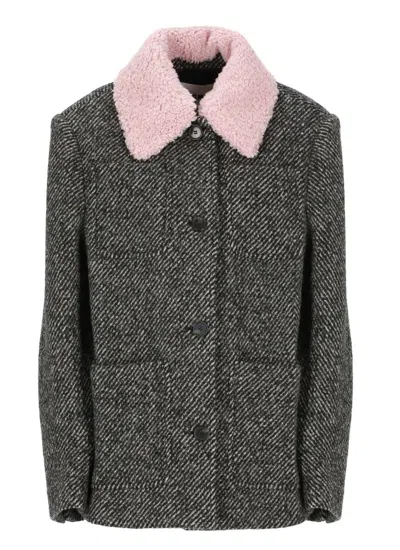 Msgm Single Breast Herringbone Short Coat In Grey