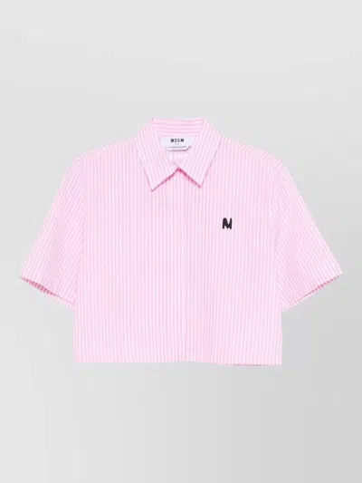 Msgm Collared Cropped Nylon Silk Short Sleeve Top In Pink