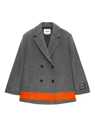 Msgm Contrasting-band Double-breasted Coat In Gray