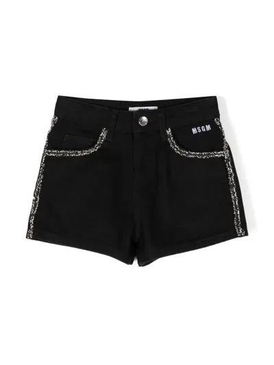 Msgm Kids' Contrasting-trim Denim Shorts In Black