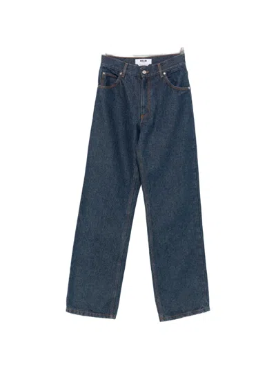 Msgm Contrast-stitch Logo-embroidered Jeans In Blue