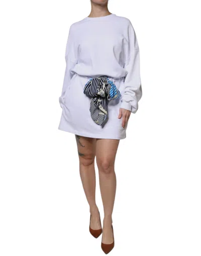 Pre-owned Msgm Cotton Belted Long Sleeves Crew Neck Mini Women's Dress () In White