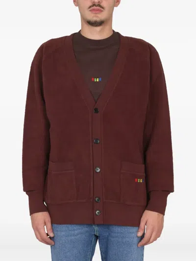 Msgm V-neck Cardigan With Embroidered Logo Detail In Burgundy