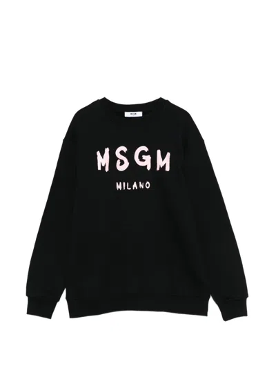 Msgm Cotton Crew Neck Long Sleeve Sweater For Boys In Black