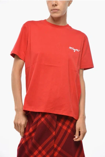 Msgm Cotton Crew-neck T-shirt With Embossed Logo In Red