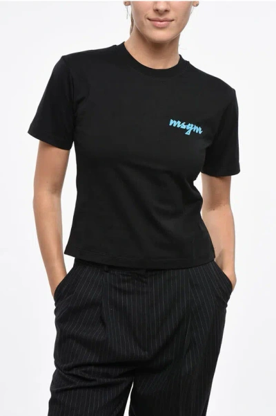 Msgm Cotton Crew-neck T-shirt With Side Print Logo In Black