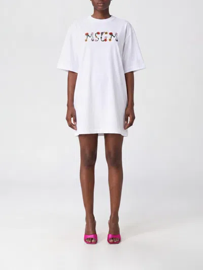 Msgm Cotton Mini T-shirt Dress With Contrast Logo And Dropped Shoulders In White