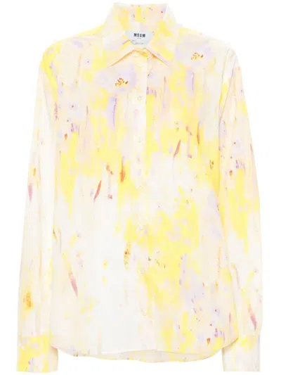 Msgm Cotton Shirt With Floral Print In Yellow