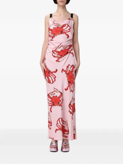 Msgm Crab-print Cowl-neck Maxi Dress In Pink