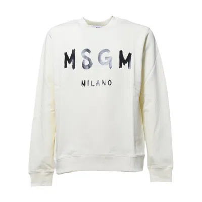 Msgm Cream Cotton Crewneck Sweatshirt With Logo Print In White