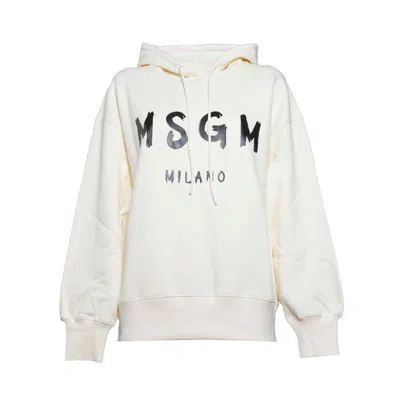 Msgm Cream Cotton Hoodie Brush Logo Print In Neutral