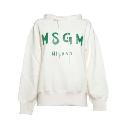 Msgm Cream Cotton Hoodie With Green Brush Print