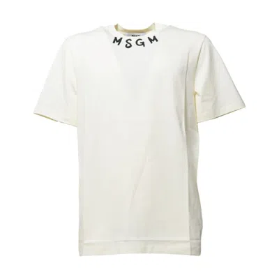 Msgm Cream Cotton T-shirt With Logo Print In White