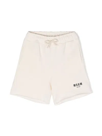 Msgm Kids' Logo-print Cotton Track Shorts In White