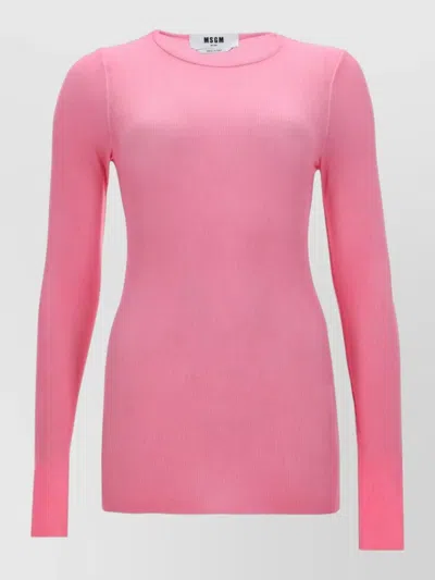 Msgm Crew Neck Long Sleeve Slim Ribbed Knit In Pink
