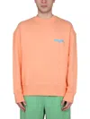 Msgm Graphic Print Cross-neck Sweatshirt With Ribbed Trim In Orange