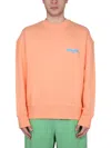 Msgm Graphic Print Cross-neck Sweatshirt With Ribbed Trim In Orange
