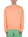 Msgm Graphic Print Cross-neck Sweatshirt With Ribbed Trim In Orange