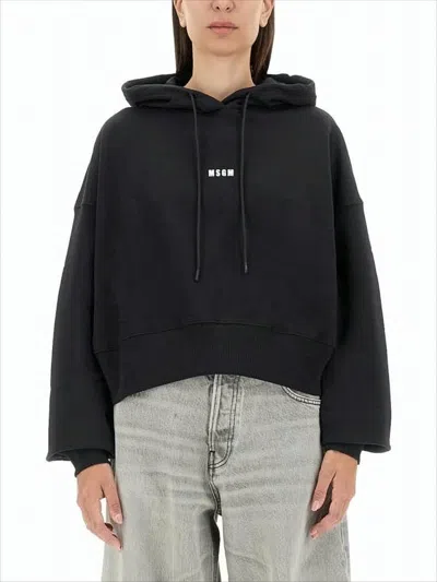Msgm Cropped Black Hoodie In White