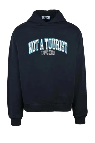 Msgm Cropped Cotton Hoodie With Collegiate-style Print In Blue