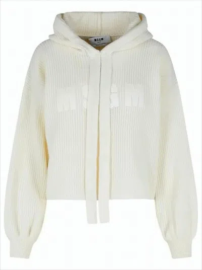 MSGM CROPPED KNIT SWEATER WITH HOOD AND BALLOON SLEEVES