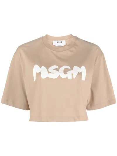 Msgm Cropped Logo-print Cotton T-shirt In Brown