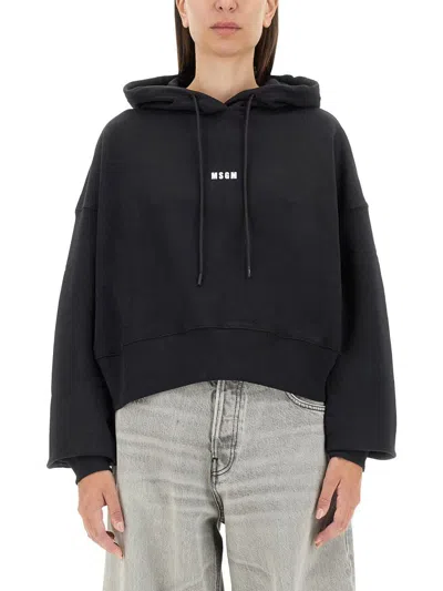 Msgm Logo-detailed Hooded Top In Black