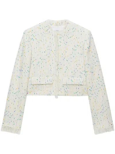 Msgm Cropped Textured Jacket With Fringe Details In Neutral
