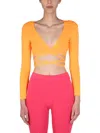 Msgm Orange Solid V Neck Top In Yellow