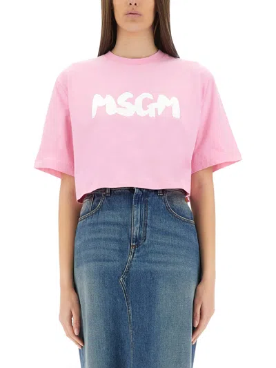 Msgm Logo-print Cropped T-shirt In Pink