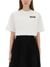 Msgm White Crop T-shirt With Logo Print On The Front And Maxi Print On The Back
