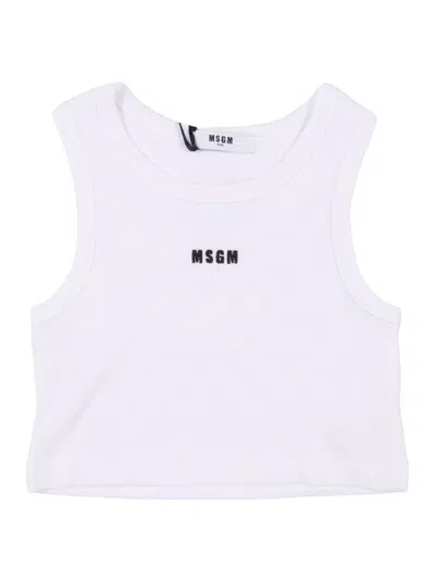 Msgm Kids'  Cropped Waffle Tank Top Girl In White