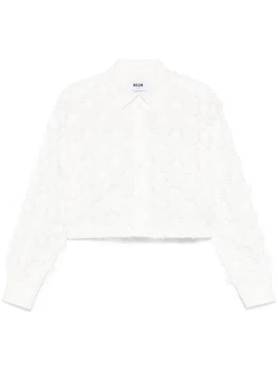 Msgm Cropped White Shirt With Floral Embroidery