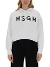 Msgm Logo Hooded Sweatshirt Ribbed Cuffs In White