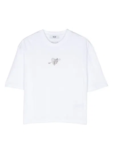 Msgm Kids' Crystal-embellished T-shirt In White