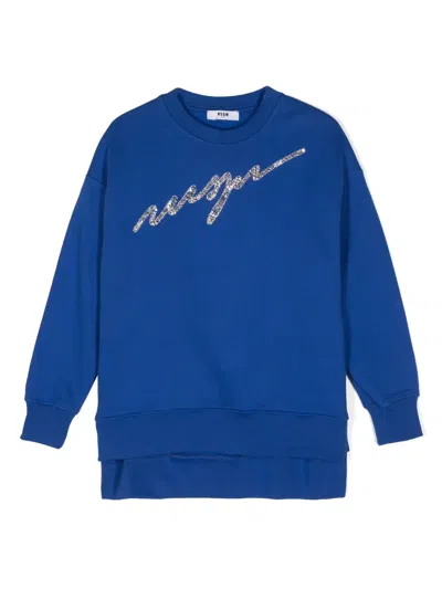 Msgm Kids' Sweatshirt Mit Kristall-logo In Blau