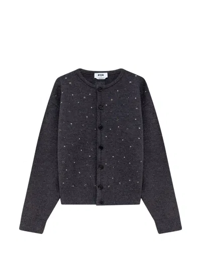 Msgm Crystal-embellished Eyelet-detail Cardigan In Black