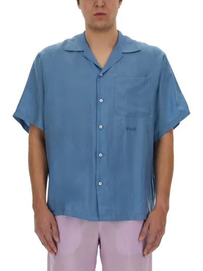 Msgm Cupro Shirt With Relaxed Fit And Classic Collar In Blue
