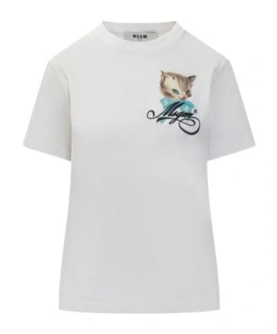 Msgm Cute Kitty Graphic And Cursive Logo Jersey T-shirt In White