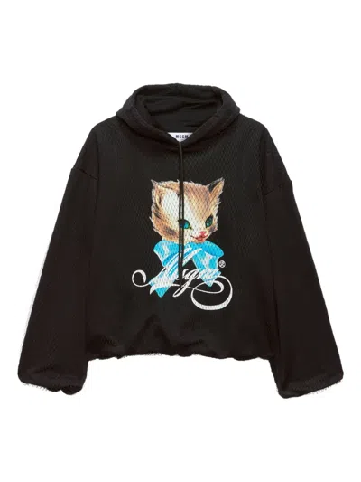 Msgm Cute Kitty Hoodie In Black