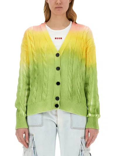 Msgm Cable Knit Gradient Cardigan In Green