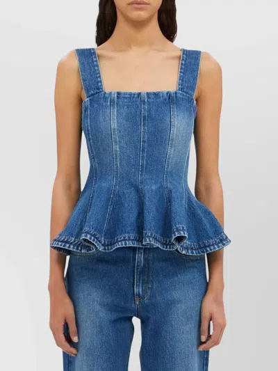 Msgm Denim Peplum Ruffle Sleeveless Square Wide Top In Blue