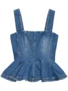 Msgm Denim Peplum Ruffle Sleeveless Square Wide Top In Blue