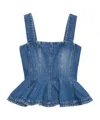 Msgm Denim Peplum Ruffle Sleeveless Square Wide Top In Blue