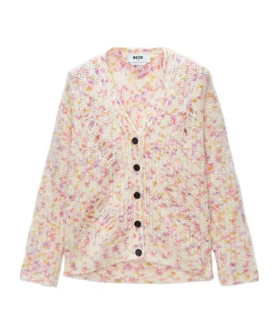 Msgm Distressed Cable-knit Cardigan In Pink