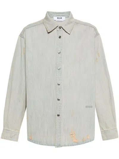 Msgm Distressed-finish Denim Shirt In Blue