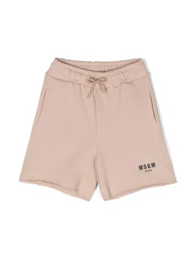 Msgm Kids' Distressed Finish Cotton Shorts In Beige
