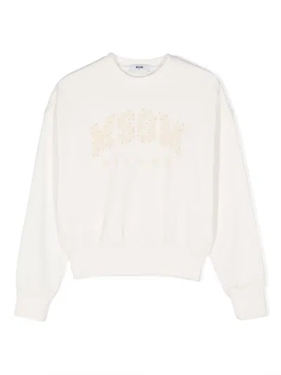 Msgm Kids' Distressed-finish Logo-print Sweatshirt In White